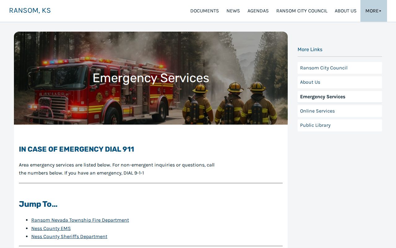 Ransom emergency services page showing Ness County Sheriff arrest routing